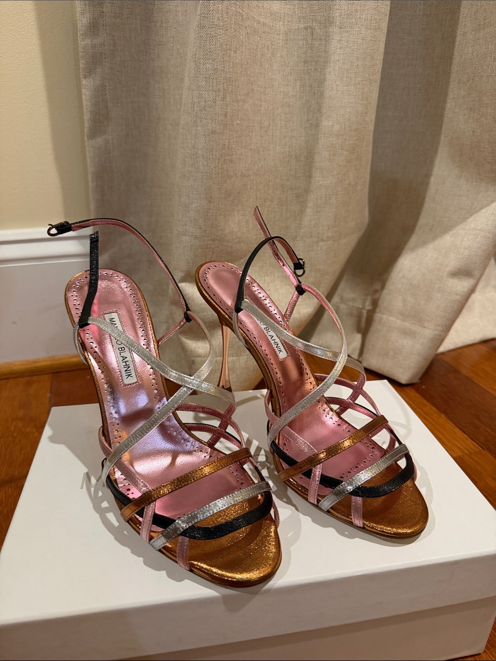 BRAND NEW!! Manolo Blahnik Pink, Gold and Silver Multi-Strip Heel Sandals